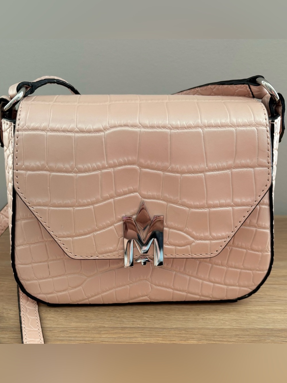 Mackage Croc-Embossed Crossbody in Blush Pink with Silver Hardware